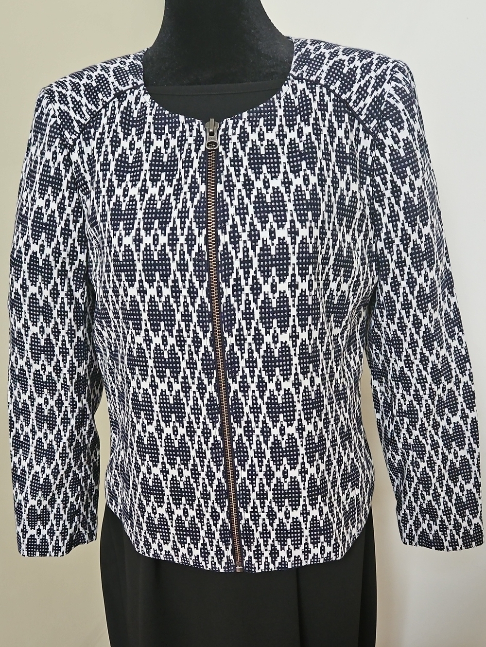 J.Crew Geometric Jacquard Knit Moto Jacket Navy White Asymmetric Zip Women S